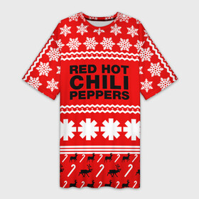 Платье-футболка 3D с принтом Праздничный RHCP в Петрозаводске,  |  | red hot chili peppers | rhcp | альтернативный | группа | джош клингхоффер | знак | красные острые перцы чили | красный | метал | надпись | новогодний | новый год | праздник | ред хот ч | рождество | рок | рхчп | рэп