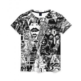 Женская футболка 3D с принтом Стикербомбинг NEW искусство в Петрозаводске, 100% полиэфир ( синтетическое хлопкоподобное полотно) | прямой крой, круглый вырез горловины, длина до линии бедер | искусство | стикер | стикербомбинг | чб | чернобелый