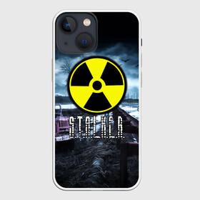 Чехол для iPhone 13 mini с принтом S.T.A.L.K.E.R. в Петрозаводске,  |  | stalker | буквы | волки | грузовик | зил | знак | игра | ммо | мрак | мрачный | надпись | опасность | припять | птицы | радиация | рпг | сталкер | фон | чернобыль | шутер