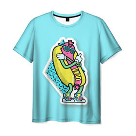Мужская футболка 3D с принтом Хот-Дог в Петрозаводске, 100% полиэфир | прямой крой, круглый вырез горловины, длина до линии бедер | 90s style | food | hot dog | pop art | style | еда | поп арт | стиль 90 х | хот дог