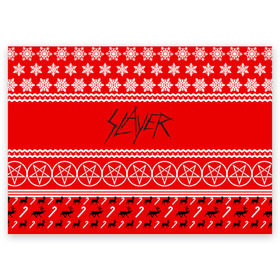Поздравительная открытка с принтом Праздничный Slayer в Петрозаводске, 100% бумага | плотность бумаги 280 г/м2, матовая, на обратной стороне линовка и место для марки
 | slayer | группа | гэри холт | знак | керри кинг | красный | метал | музыка | надпись | новогодний | новый год | песни | пол бостаф | праздник | рождество | рок | слаер | слайер | слеар | слеер | слейр | слеяр