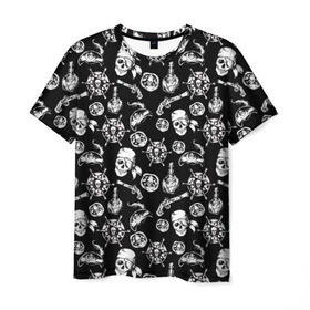 Мужская футболка 3D с принтом Pirates Pattern в Петрозаводске, 100% полиэфир | прямой крой, круглый вырез горловины, длина до линии бедер | Тематика изображения на принте: паттерн | пиратский | пираты | черно белый