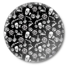 Значок с принтом Pirates Pattern в Петрозаводске,  металл | круглая форма, металлическая застежка в виде булавки | Тематика изображения на принте: паттерн | пиратский | пираты | черно белый