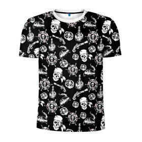 Мужская футболка 3D спортивная с принтом Pirates Pattern в Петрозаводске, 100% полиэстер с улучшенными характеристиками | приталенный силуэт, круглая горловина, широкие плечи, сужается к линии бедра | паттерн | пиратский | пираты | черно белый
