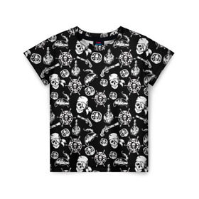 Детская футболка 3D с принтом Pirates Pattern в Петрозаводске, 100% гипоаллергенный полиэфир | прямой крой, круглый вырез горловины, длина до линии бедер, чуть спущенное плечо, ткань немного тянется | Тематика изображения на принте: паттерн | пиратский | пираты | черно белый
