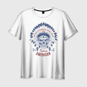 Мужская футболка 3D с принтом Native American в Петрозаводске, 100% полиэфир | прямой крой, круглый вырез горловины, длина до линии бедер | america | chieftain | feathers | indian | native american | skeleton | skull | tattoo | америка | американец | вождь | индеец | перья | скелет | тату | череп