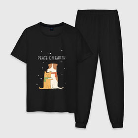 Мужская пижама хлопок с принтом Кот и пес в Петрозаводске, 100% хлопок | брюки и футболка прямого кроя, без карманов, на брюках мягкая резинка на поясе и по низу штанин
 | год собаки | котик | мемес | москва | новый год | россия | собака