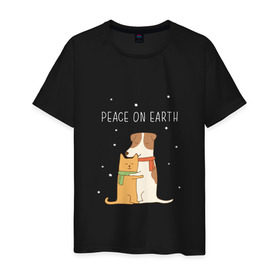 Мужская футболка хлопок с принтом Кот и пес в Петрозаводске, 100% хлопок | прямой крой, круглый вырез горловины, длина до линии бедер, слегка спущенное плечо. | год собаки | котик | мемес | москва | новый год | россия | собака