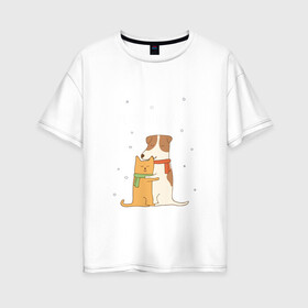 Женская футболка хлопок Oversize с принтом Кот и пес в Петрозаводске, 100% хлопок | свободный крой, круглый ворот, спущенный рукав, длина до линии бедер
 | год собаки | котик | мемес | москва | новый год | россия | собака