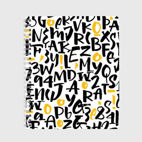 Тетрадь с принтом Letters bombing в Петрозаводске, 100% бумага | 48 листов, плотность листов — 60 г/м2, плотность картонной обложки — 250 г/м2. Листы скреплены сбоку удобной пружинной спиралью. Уголки страниц и обложки скругленные. Цвет линий — светло-серый
 | alphabet | fonts | latin alphabet | lettering | letters | number | numbers | pattern | typography | алфавит | буквы | латиница | леттеринг | надписи | паттерн | типографика | цифры | число | шрифты