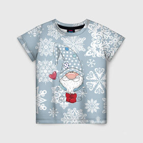 Детская футболка 3D с принтом Милый гномик в Петрозаводске, 100% гипоаллергенный полиэфир | прямой крой, круглый вырез горловины, длина до линии бедер, чуть спущенное плечо, ткань немного тянется | happy new year | волшебство | гном | гномик | новый год | снег | снежинки
