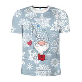 Мужская футболка 3D спортивная с принтом Милый гномик в Петрозаводске, 100% полиэстер с улучшенными характеристиками | приталенный силуэт, круглая горловина, широкие плечи, сужается к линии бедра | happy new year | волшебство | гном | гномик | новый год | снег | снежинки