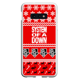 Чехол для Samsung S10E с принтом Праздничный System of a Down в Петрозаводске, Силикон | Область печати: задняя сторона чехла, без боковых панелей | soad | soil | system of a down | группа | дав | дарон малакян | джон долмаян | знак | красный | надпись | новогодний | новый год | оф | праздник | рождество | рок | серж танкян | систем | снежинки | соад | сод | соэд