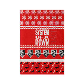 Обложка для паспорта матовая кожа с принтом Праздничный System of a Down в Петрозаводске, натуральная матовая кожа | размер 19,3 х 13,7 см; прозрачные пластиковые крепления | soad | soil | system of a down | группа | дав | дарон малакян | джон долмаян | знак | красный | надпись | новогодний | новый год | оф | праздник | рождество | рок | серж танкян | систем | снежинки | соад | сод | соэд