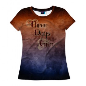 Женская футболка 3D с принтом Three Days Grace в Петрозаводске, 100% полиэфир ( синтетическое хлопкоподобное полотно) | прямой крой, круглый вырез горловины, длина до линии бедер | band | metal | music | rock | атрибутика | группа | метал | музыка | рок