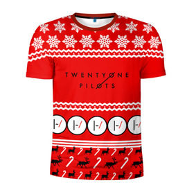Мужская футболка 3D спортивная с принтом Праздничный Twenty One Pilots в Петрозаводске, 100% полиэстер с улучшенными характеристиками | приталенный силуэт, круглая горловина, широкие плечи, сужается к линии бедра | 21 pilots | красный | новогодний | рождество | снежинки