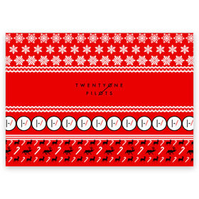 Поздравительная открытка с принтом Праздничный Twenty One Pilots в Петрозаводске, 100% бумага | плотность бумаги 280 г/м2, матовая, на обратной стороне линовка и место для марки
 | 21 pilots | красный | новогодний | рождество | снежинки