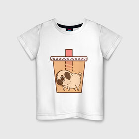 Детская футболка хлопок с принтом мопс-кофе в Петрозаводске, 100% хлопок | круглый вырез горловины, полуприлегающий силуэт, длина до линии бедер | Тематика изображения на принте: 