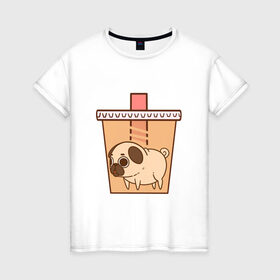 Женская футболка хлопок с принтом мопс-кофе в Петрозаводске, 100% хлопок | прямой крой, круглый вырез горловины, длина до линии бедер, слегка спущенное плечо | Тематика изображения на принте: 