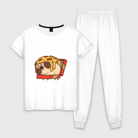 Женская пижама хлопок с принтом мопс-пицца в Петрозаводске, 100% хлопок | брюки и футболка прямого кроя, без карманов, на брюках мягкая резинка на поясе и по низу штанин | pug | мопс