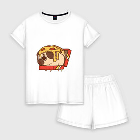 Женская пижама с шортиками хлопок с принтом мопс-пицца в Петрозаводске, 100% хлопок | футболка прямого кроя, шорты свободные с широкой мягкой резинкой | pug | мопс