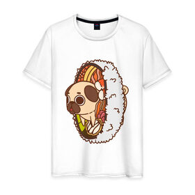 Мужская футболка хлопок с принтом мопс-ролл в Петрозаводске, 100% хлопок | прямой крой, круглый вырез горловины, длина до линии бедер, слегка спущенное плечо. | 