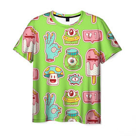 Мужская футболка 3D с принтом Страшилки монстрики в Петрозаводске, 100% полиэфир | прямой крой, круглый вырез горловины, длина до линии бедер | глаз | монстр | мороженое | мультик | приведение | розовый | ужасы | улыбка | цветная