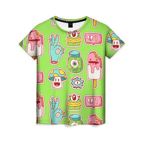 Женская футболка 3D с принтом Страшилки монстрики в Петрозаводске, 100% полиэфир ( синтетическое хлопкоподобное полотно) | прямой крой, круглый вырез горловины, длина до линии бедер | глаз | монстр | мороженое | мультик | приведение | розовый | ужасы | улыбка | цветная