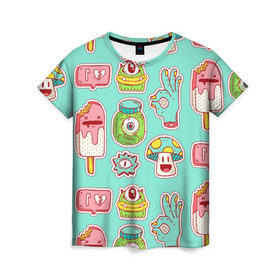 Женская футболка 3D с принтом Яркие монстрики в Петрозаводске, 100% полиэфир ( синтетическое хлопкоподобное полотно) | прямой крой, круглый вырез горловины, длина до линии бедер | глаз | монстр | мороженое | мультик | приведение | розовый | ужасы | улыбка | цветная