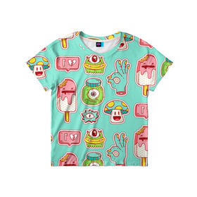 Детская футболка 3D с принтом Яркие монстрики в Петрозаводске, 100% гипоаллергенный полиэфир | прямой крой, круглый вырез горловины, длина до линии бедер, чуть спущенное плечо, ткань немного тянется | глаз | монстр | мороженое | мультик | приведение | розовый | ужасы | улыбка | цветная