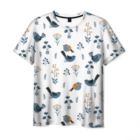 Мужская футболка 3D с принтом Воробушки в Петрозаводске, 100% полиэфир | прямой крой, круглый вырез горловины, длина до линии бедер | воробей | зяблик | минимализм | паттерн | птицы | цветы | чиж