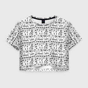 Женская футболка 3D укороченная с принтом Нотный стан в Петрозаводске, 100% полиэстер | круглая горловина, длина футболки до линии талии, рукава с отворотами | бемоль | диез | до | ля | ми | ноты | октава | паттерн | ре | си | скрипичный ключ | соль | фа