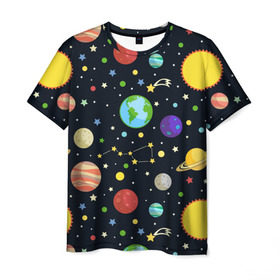 Мужская футболка 3D с принтом Солнечная система в Петрозаводске, 100% полиэфир | прямой крой, круглый вырез горловины, длина до линии бедер | большая медведица | венера | звезда | звезды | земля | космос | марс | меркурий | паттерн | сатурн | созвездия | солнце | уран | юпитер