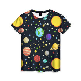 Женская футболка 3D с принтом Солнечная система в Петрозаводске, 100% полиэфир ( синтетическое хлопкоподобное полотно) | прямой крой, круглый вырез горловины, длина до линии бедер | большая медведица | венера | звезда | звезды | земля | космос | марс | меркурий | паттерн | сатурн | созвездия | солнце | уран | юпитер