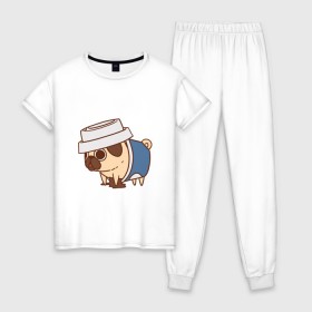 Женская пижама хлопок с принтом мопс-кофе в Петрозаводске, 100% хлопок | брюки и футболка прямого кроя, без карманов, на брюках мягкая резинка на поясе и по низу штанин | pug | мопс