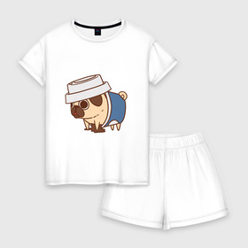 Женская пижама с шортиками хлопок с принтом мопс-кофе в Петрозаводске, 100% хлопок | футболка прямого кроя, шорты свободные с широкой мягкой резинкой | pug | мопс