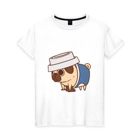 Женская футболка хлопок с принтом мопс-кофе в Петрозаводске, 100% хлопок | прямой крой, круглый вырез горловины, длина до линии бедер, слегка спущенное плечо | pug | мопс