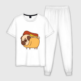 Мужская пижама хлопок с принтом мопс-хотдог в Петрозаводске, 100% хлопок | брюки и футболка прямого кроя, без карманов, на брюках мягкая резинка на поясе и по низу штанин
 | pug | мопс