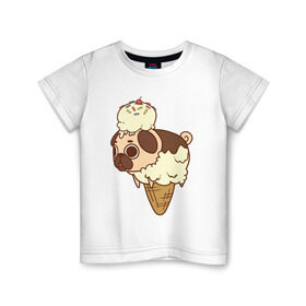 Детская футболка хлопок с принтом мопс-мороженое в Петрозаводске, 100% хлопок | круглый вырез горловины, полуприлегающий силуэт, длина до линии бедер | pug | мопс