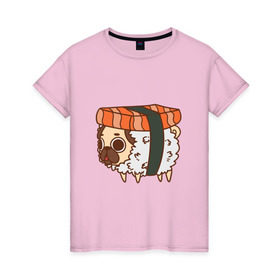 Женская футболка хлопок с принтом мопс-суши в Петрозаводске, 100% хлопок | прямой крой, круглый вырез горловины, длина до линии бедер, слегка спущенное плечо | pug | мопс