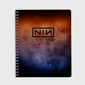 Тетрадь с принтом Nine Inch Nails в Петрозаводске, 100% бумага | 48 листов, плотность листов — 60 г/м2, плотность картонной обложки — 250 г/м2. Листы скреплены сбоку удобной пружинной спиралью. Уголки страниц и обложки скругленные. Цвет линий — светло-серый
 | Тематика изображения на принте: band | metal | music | nine inch nails | rock | атрибутика | группа | метал | музыка | рок