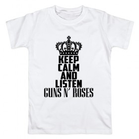 Мужская футболка хлопок с принтом Keep calm and listen Guns-n-roses в Петрозаводске, 100% хлопок | прямой крой, круглый вырез горловины, длина до линии бедер, слегка спущенное плечо. | Тематика изображения на принте: guns n roses | gunsnroses | ганз н роус | ганзес роус | ганзесроус | ганзнроус | дафф маккаган | диззи рид | мелисса риз | ричард фортус | рок | слэш | франк феррер | эксл роуз