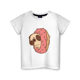 Детская футболка хлопок с принтом мопс-пончик в Петрозаводске, 100% хлопок | круглый вырез горловины, полуприлегающий силуэт, длина до линии бедер | Тематика изображения на принте: pug | мопс