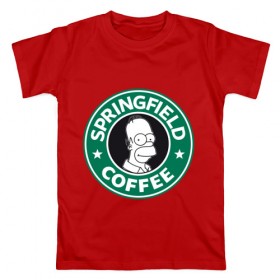 Мужская футболка хлопок с принтом Springfield Coffee в Петрозаводске, 100% хлопок | прямой крой, круглый вырез горловины, длина до линии бедер, слегка спущенное плечо. | Тематика изображения на принте: homer | simpsons | гомер | лого | спрингфилд | старбакс
