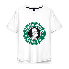 Мужская футболка хлопок Oversize с принтом Springfield Coffee в Петрозаводске, 100% хлопок | свободный крой, круглый ворот, “спинка” длиннее передней части | Тематика изображения на принте: homer | simpsons | гомер | лого | спрингфилд | старбакс
