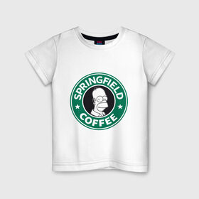 Детская футболка хлопок с принтом Springfield Coffee в Петрозаводске, 100% хлопок | круглый вырез горловины, полуприлегающий силуэт, длина до линии бедер | Тематика изображения на принте: homer | simpsons | гомер | лого | спрингфилд | старбакс