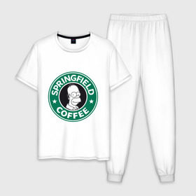 Мужская пижама хлопок с принтом Springfield Coffee в Петрозаводске, 100% хлопок | брюки и футболка прямого кроя, без карманов, на брюках мягкая резинка на поясе и по низу штанин
 | homer | simpsons | гомер | лого | спрингфилд | старбакс