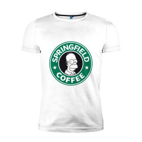 Мужская футболка премиум с принтом Springfield Coffee в Петрозаводске, 92% хлопок, 8% лайкра | приталенный силуэт, круглый вырез ворота, длина до линии бедра, короткий рукав | Тематика изображения на принте: homer | simpsons | гомер | лого | спрингфилд | старбакс