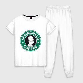 Женская пижама хлопок с принтом Springfield Coffee в Петрозаводске, 100% хлопок | брюки и футболка прямого кроя, без карманов, на брюках мягкая резинка на поясе и по низу штанин | Тематика изображения на принте: homer | simpsons | гомер | лого | спрингфилд | старбакс