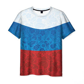 Мужская футболка 3D с принтом Россия хохлома триколор в Петрозаводске, 100% полиэфир | прямой крой, круглый вырез горловины, длина до линии бедер | russia | россия | россия триколор | россия хохлома | триколор | флаг рф | хозлома | хохлома